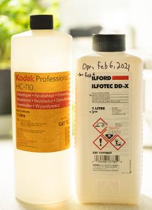 A bottle of Ilfotec DD-X and Kodak HC-110 (new formula) side by side
