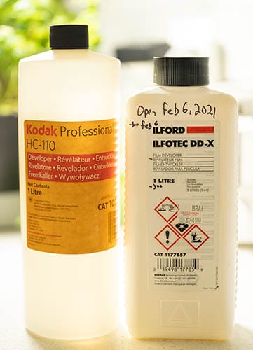A bottle of Ilfotec DD-X and Kodak HC-110 (new formula) side by side