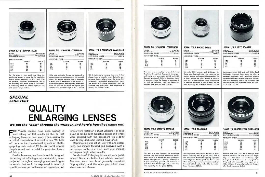 A catalogue image of enlarger lenses