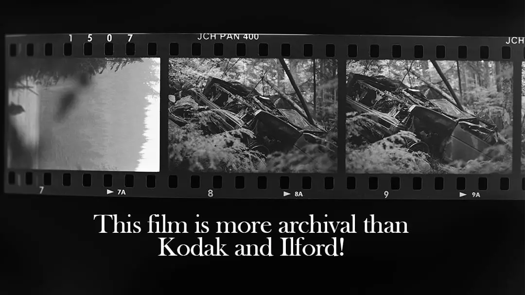 A photo of an inverted roll of film with the text, this film will last longer than HP5 and Tri-X