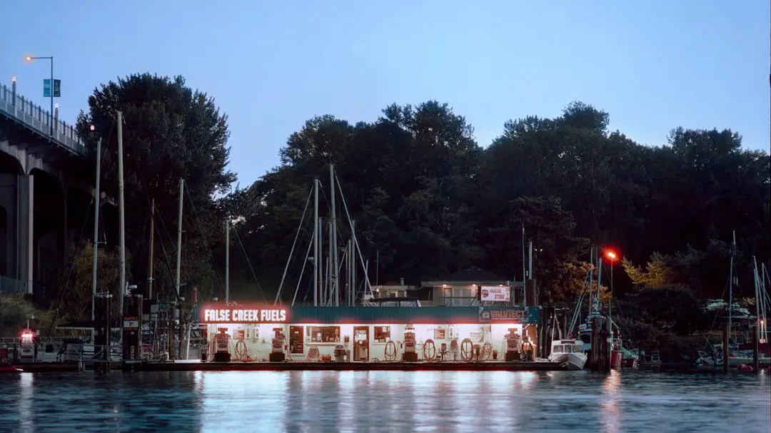 CineStill 800t used to capture a gas station on the water in Vancouver, BC.