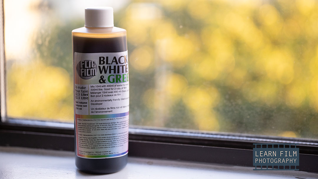 This is a bottle of Black White and Green B&W film developer on my window sill